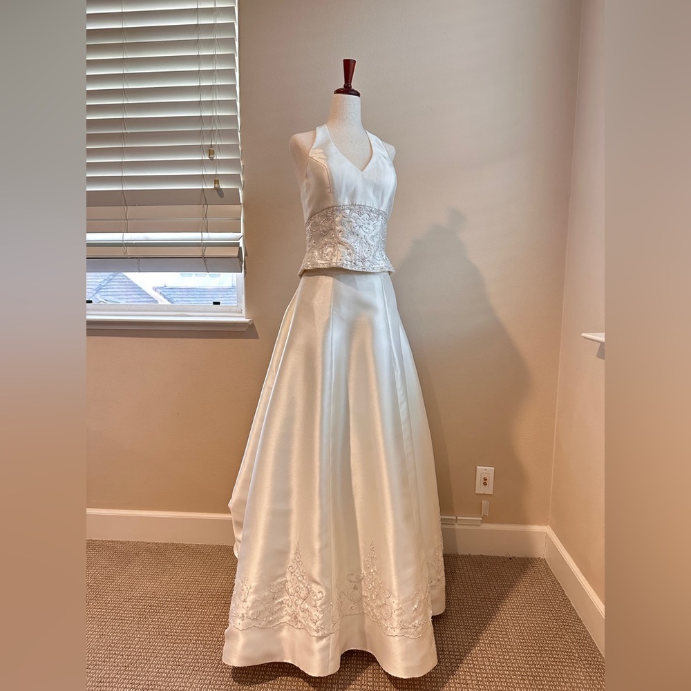 Oleg Cassini Ivory Satin V-Neck Wedding Gown with Embroidered Waist and Hem